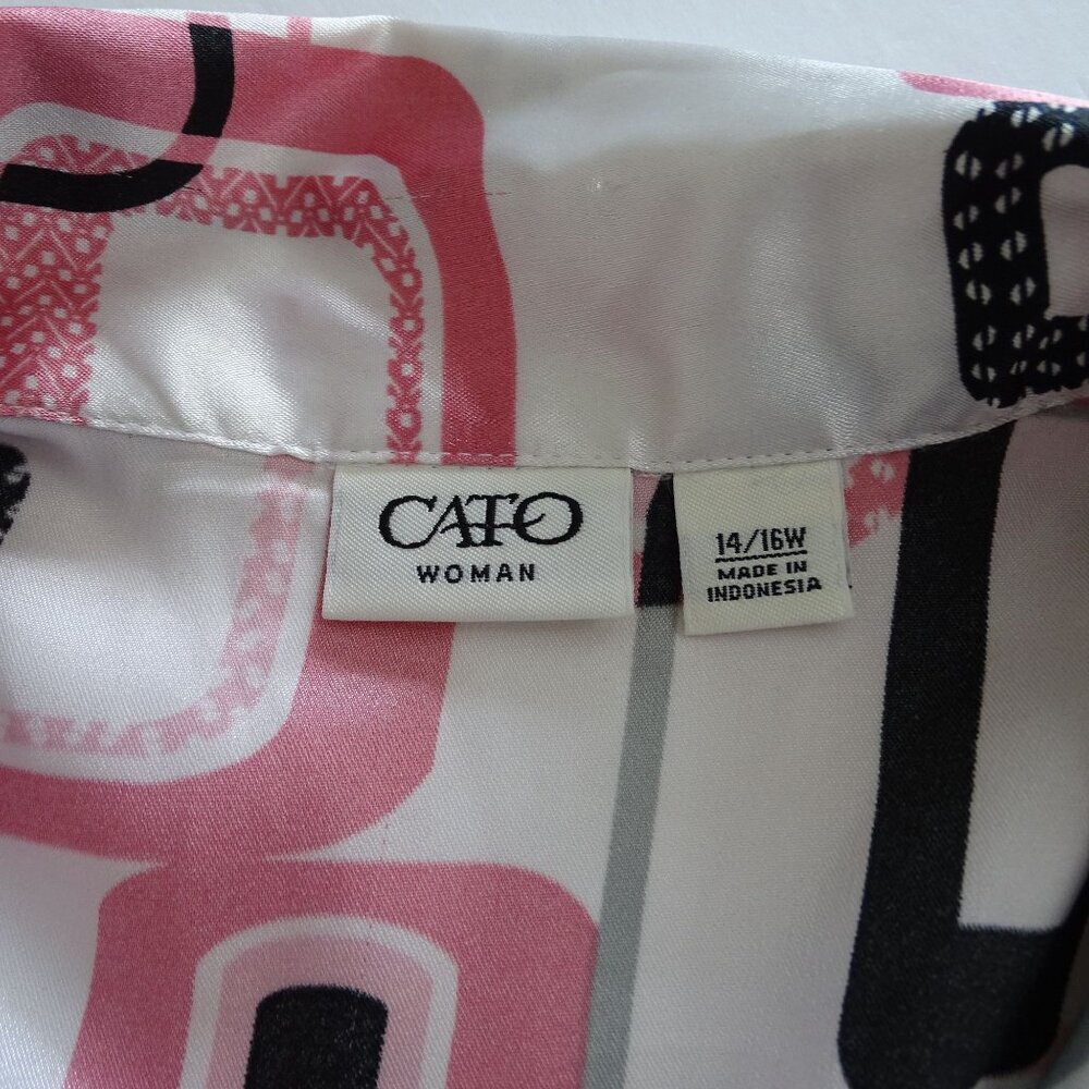 Cato Retro Print Satin Look Button Up Top Women Size 14W 16W Belted FLAW - Picture 5 of 11